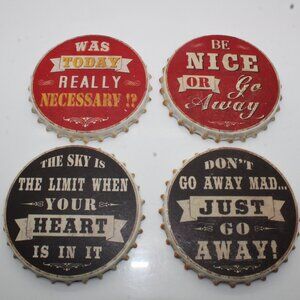 Painted Resin Bottle Cap Coasters Set Of 4 Clever Sayings Cork Backing 4"